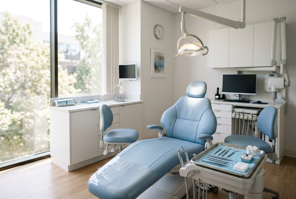 Dental treatment room with a patient chair by a window
