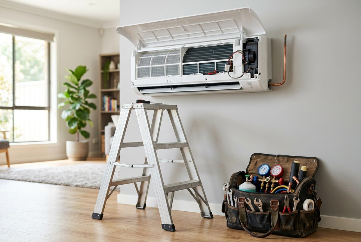 Wall air conditioner opened for a service, with a ladder and a tool bag