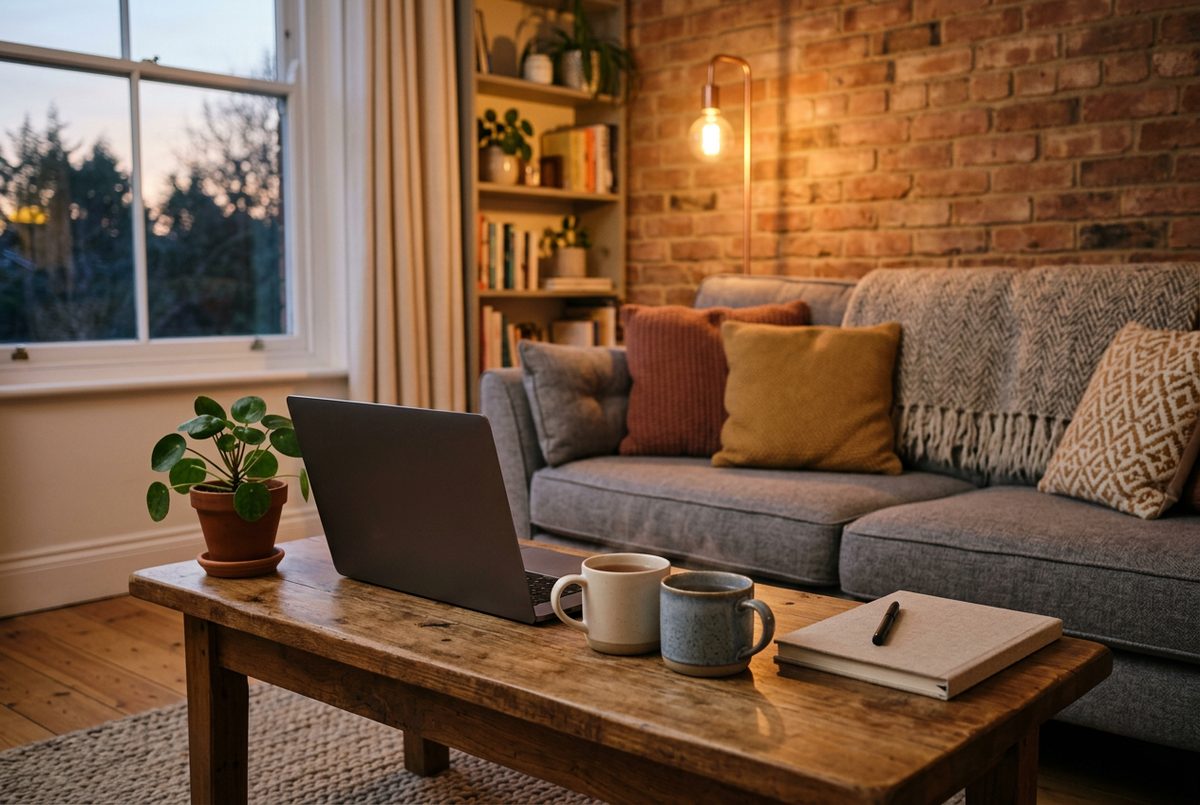Laptop, tea and a notebook on a living room coffee table