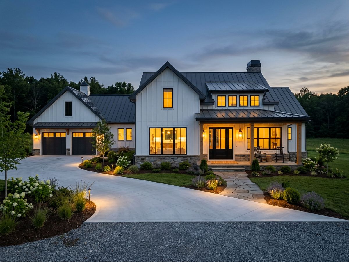 Newly built modern farmhouse-style home at dusk