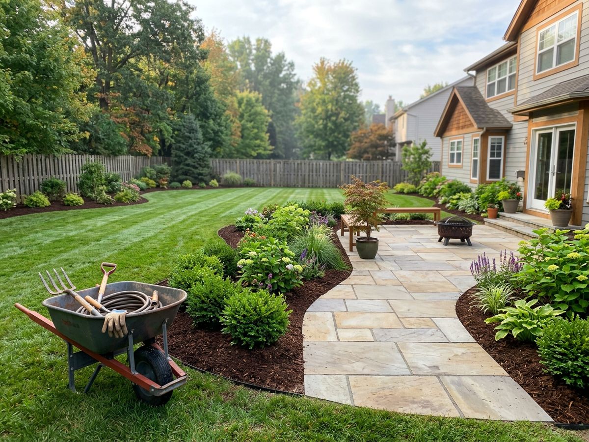 Freshly landscaped backyard with a stone paver patio